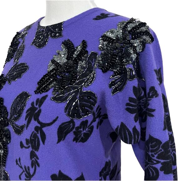 Vintage P.A. International Sweater purple Black Sequin Beaded Lambswool Sz S. - Picture 6 of 10